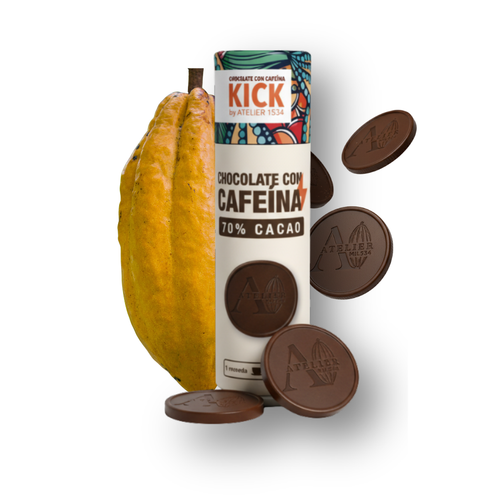 KICK - Monedas de chocolate obscuro con cafeína (tubo con 16 monedas)